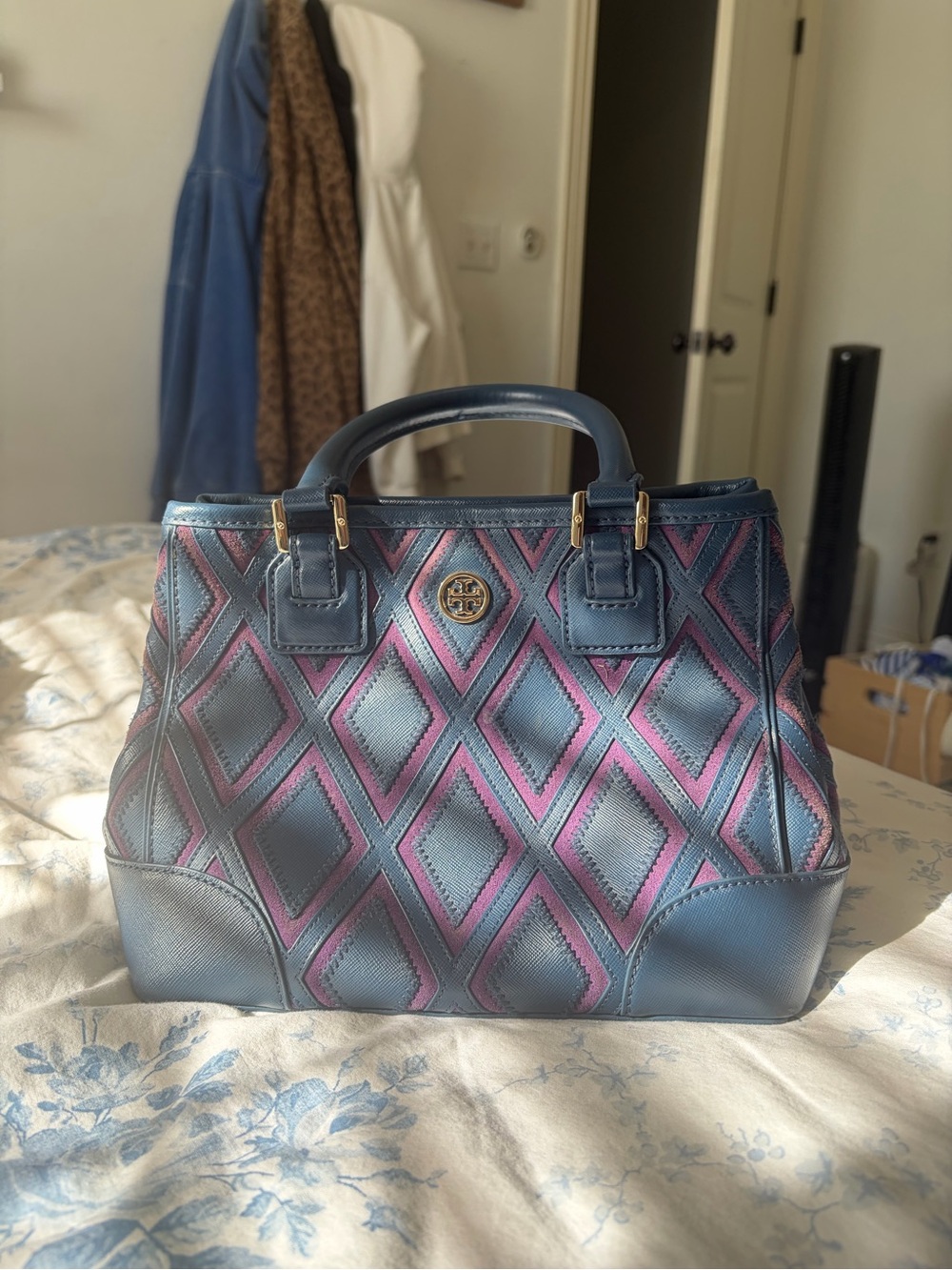 Tory Burch Navy and Magenta Quilted Diamond Satchel - Picture 1 of 3
